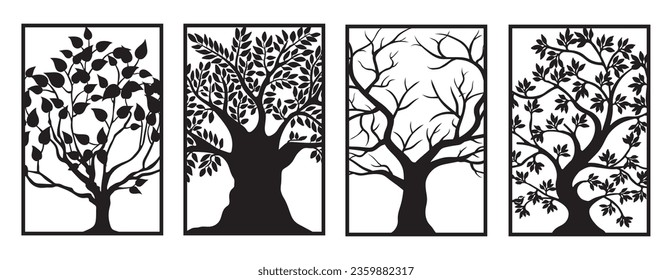 Tree silhoette isolated on white background. Tree outline image template drawings. Printable cut-out tree pdf line patterns. Metal art design in frame. Three different tree silhouette, wall art design