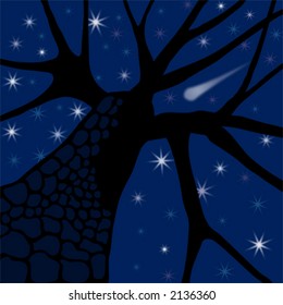 Tree silhouette against evening sky, vector illustration