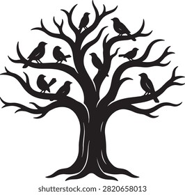 Tree silhouette, bare branches, birds, nature, graphic, stark.