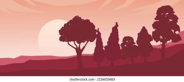 Tree silhouette beautiful evening natural scenery, dense trees in the forest, silhouette vector