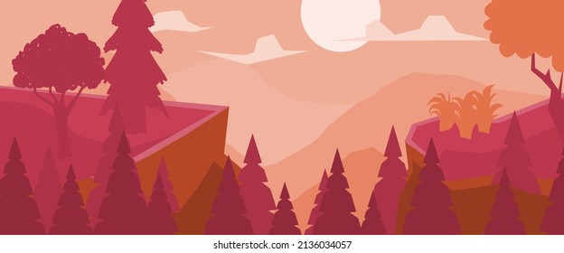 Tree silhouette beautiful evening natural scenery, dense trees in the forest, silhouette vector