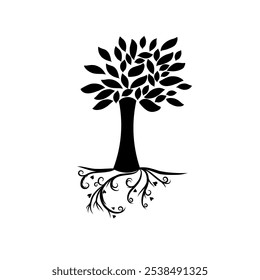 Tree silhouette with beautiful, flourished roots graphic vector illustration