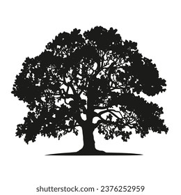 tree silhouette. big tree silhouette. oak tree silhouette. black oak tree isolated on white background. cutout trees. hand drawn design. vector illustration.