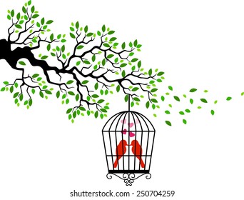 Tree silhouette with bird in a cage