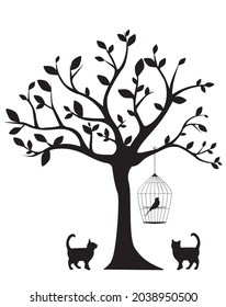 Tree silhouette with bird cage and cats illustration, vector. Childish cartoon design. Black and white art design. Wall decals, wall art, artwork