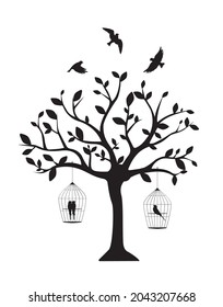 Tree silhouette with birdcage and flying bird silhouettes, vector. Childish cartoon design. Black and white art design. Wall decals, wall art, artwork
