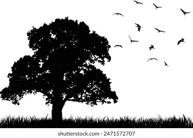 silueta de árbol con pájaros volando