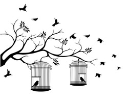 Baumsilhouette Mit Fliegenden Vögeln Und Vogel In Einem Käfig