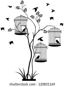 tree silhouette with birds flying and bird in a cage