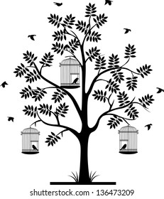 tree silhouette with birds flying and bird in a cage