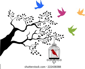 tree silhouette with birds flying and bird in a cage