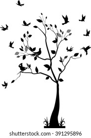 tree silhouette with birds flying and bird in a cage