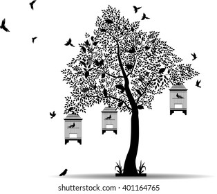 tree silhouette with birds flying and bird in a cage