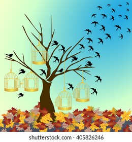 tree silhouette with birds flying and gold bird cage isolated on sunset maple fall leaves background.vector illustrator.
