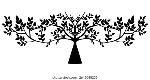 Tree silhouette. Black drawing of tree. Graphic art for natural landscape background. Large shield tree design element. Vector illustration