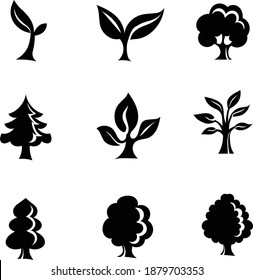Vector negro de silueta de árbol. Árboles forestales aislados sobre fondo blanco ilustraciones