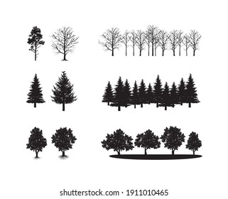 Tree silhouette black vector. Isolated set forest trees on white background.