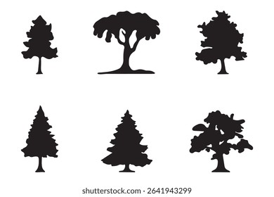 Tree silhouette black vector. Isolated set forest trees on white background