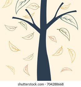 Tree silhouette, branch and falling leaves in autumn day. Vector Illustration.