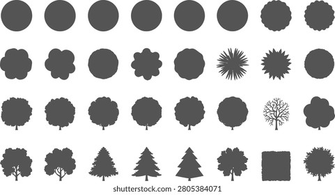 Tree silhouette brush pack, foliage shape collection with botanical landscape vegetation icons for design, branding and creative projects