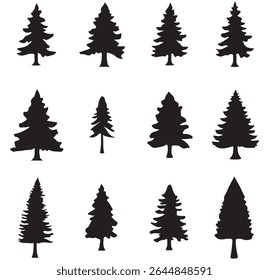 Tree silhouette, Christmas tree clip art. Winter Holiday Symbols. Spruce tree, ink plant sketch, hand drawing. Design EPS 10