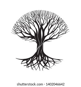 Tree silhouette circle symbol, sign, logo, emblem, icon. Hand drawn black and white tree stylized, vector illustration.