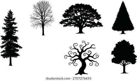Clipart de la silueta del árbol, árboles negros del Vector, iconos de la naturaleza, Elementos de diseño del bosque,  botánicos, ilustración del paisaje, diversas Formas del árbol, fondo blanco