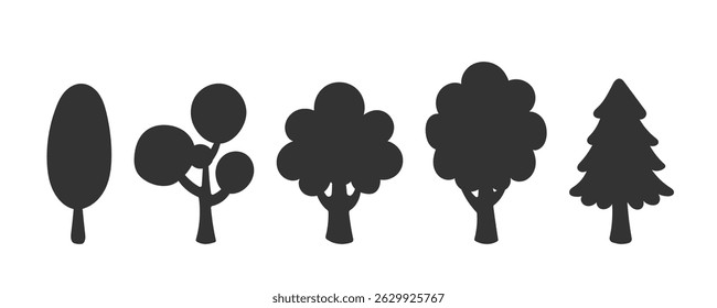 Tree silhouette collection. Black vector trees with diverse shapes and distinctive branching structure.
