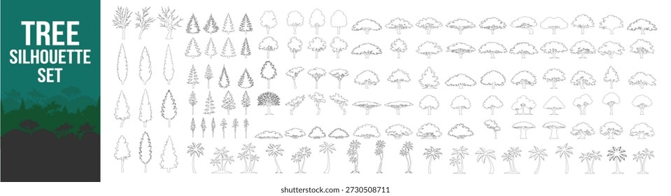 Colección de silueta de árbol, Ilustración vectorial de dosel caducifolio de roble, follaje de plantas de paisaje de naturaleza forestal, Clipart aislado negro sobre fondo transparente

