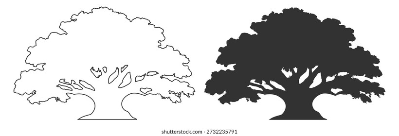 Colección de silueta de árbol, Ilustración vectorial de dosel caducifolio de roble, follaje de plantas de paisaje de naturaleza forestal, Clipart aislado negro sobre fondo transparente

