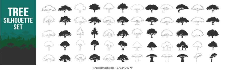 Colección de silueta de árbol, Ilustración vectorial de dosel caducifolio de roble, follaje de plantas de paisaje de naturaleza forestal, Clipart aislado negro sobre fondo transparente
