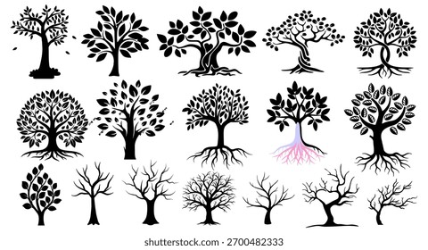 Tree silhouette collection with roots and branches. Nature design, forest icon set, botanical element, eco concept, organic illustration for logo, tattoo, and graphic design.
