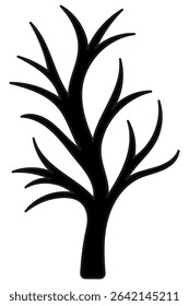 Tree. Silhouette. Curved branches without leaves. Vector illustration. Isolated white background. Twisted tree trunk. Cartoon style. Idea for web design.