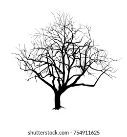 Tree silhouette with fallen leaves in the winter, the black-and-white vector drawing