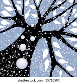 Tree silhouette with falling snow, sky blue background, vector illustration