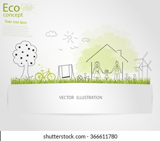 Tree silhouette, family, home, bike, mill on the green grass. Ecologically clean world. Vector illustration of ecology the concept of information graphics. Doodle. Handwriting