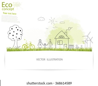 Tree silhouette, family, home, bike, mill on the green grass. Ecologically clean world. Vector illustration of ecology the concept of information graphics. Doodle. Handwriting