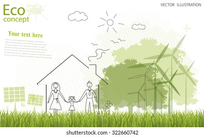 Tree Silhouette, Family, Home, Solar Panels, Mill On The Green Grass. Ecologically Clean World. Vector Illustration Of Ecology The Concept Of Information Graphics. Doodle. To Paste The Text