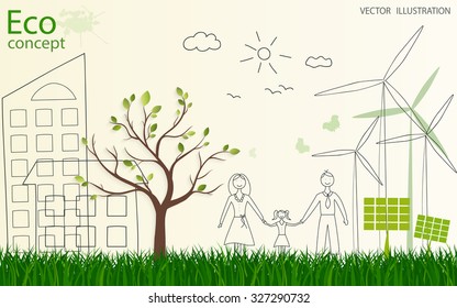 Tree silhouette, family, home, solar panels, mill on the green grass. Ecologically clean world. Vector illustration of ecology the concept of information graphics. Doodle. 