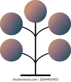 Tree silhouette with five circular canopies, blending warm brown and deep teal gradients in a minimal, abstract style