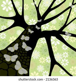 Tree silhouette with flowers and butterflies, light green sky, vector illustration