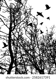 Tree silhouette and flying birds. hand drawing. Not AI Vector.