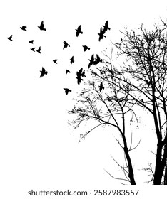 Tree silhouette and flying birds. hand drawing. Not AI Vector.