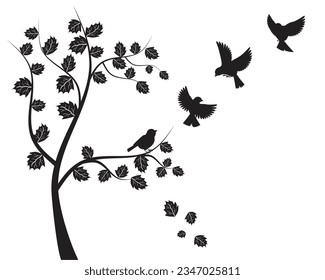 Tree silhouette and flying birds isolated on white background, vector illustration. Wall decals, black and white artwork design