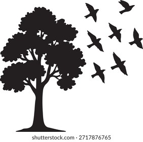 Silueta de árbol con pájaros voladores que representan la libertad, la naturaleza y el ambiente pacífico.