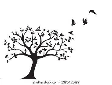Tree silhouette and flying birds, vector illustration isolated on white background. Wall decals, black and white artwork design