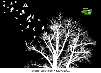 tree silhouette with flying birds. Vector