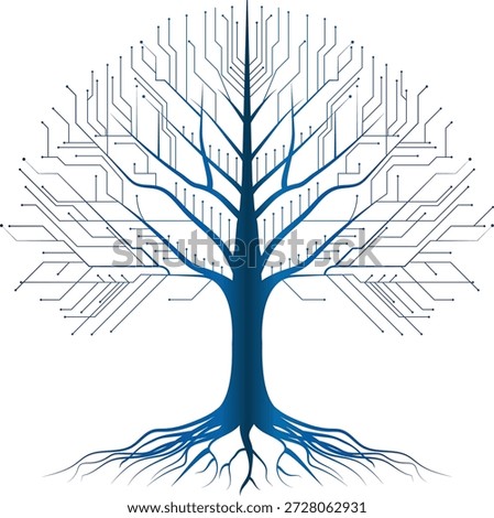 A tree silhouette formed entirely from paths of metallic circuit boards, bright nodes, and sharp reflections. Transparent background. Green technology, sustainable, environmental care. Futuristic 