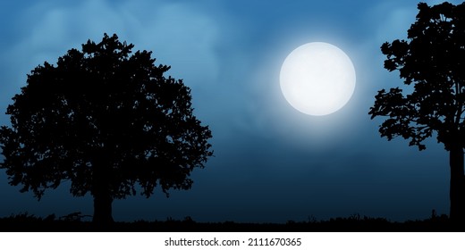Baumsilhouette mit Vollmond, Landschaftshintergrund, Vektorgrafik