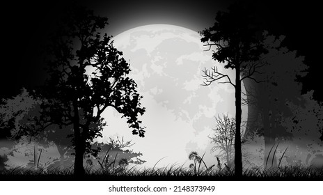 tree silhouette with full moon on landscape background, forest in darkness, vector illustration